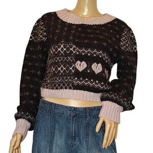 Free People Cropped Fair Isle Sweater Navy/Lavender Hearts Alpaca Wool Blend
